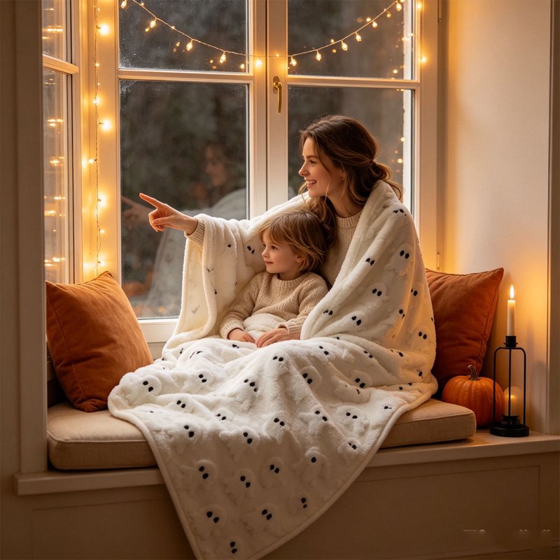 Halloween Fleece Throw Blanket - Ghost & Pumpkin Print, White, 70x100cm - Cozy Sofa Couch Bed Decor