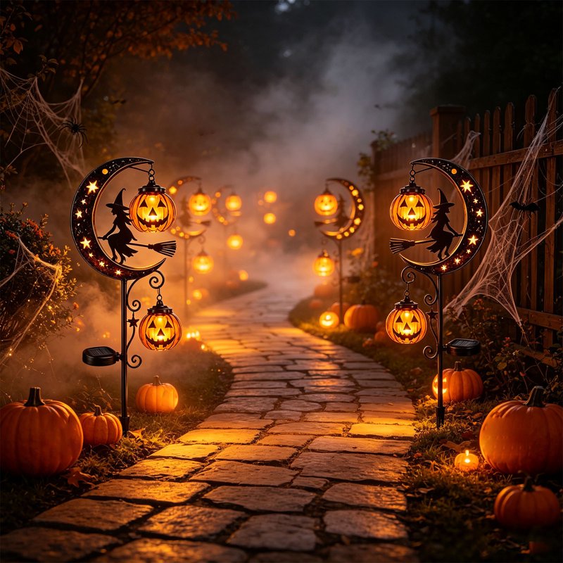 Solar Halloween Pumpkin & Moon Garden Stake Lights - Waterproof Metal Yard Decor - J
