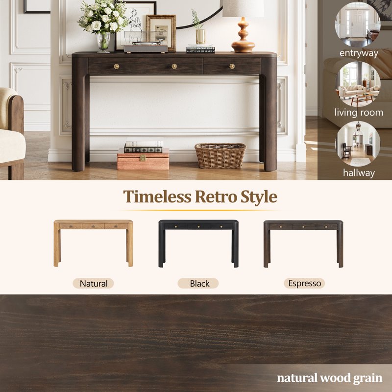 52 Inch Curved Console Table with 3 Drawers - Multiple Colors