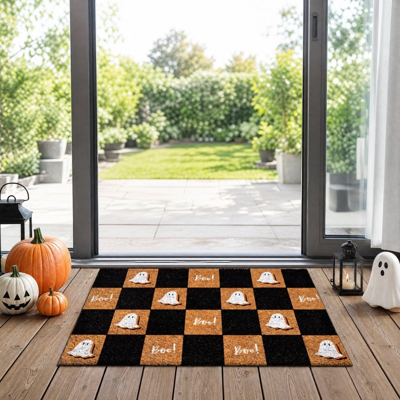 Halloween Checkerboard Ghost Doormat - Non-Slip Coir Floor Mat for Front Door B