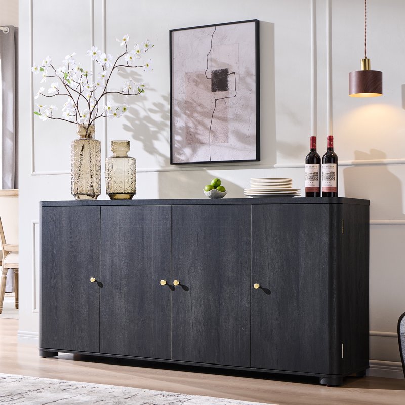 Curved Coffee Bar Storage Cabinet - 66" Grey Sideboard with 4 Doors