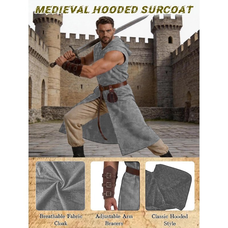 Gray Men's Medieval Viking Costume Set XL - 5-Piece Cosplay Costume for Halloween