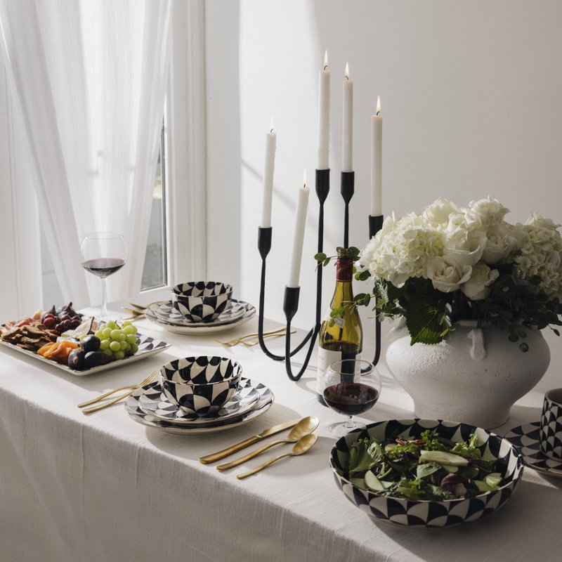 Ceramic Serve Bowl - Black and White Geometric Pattern