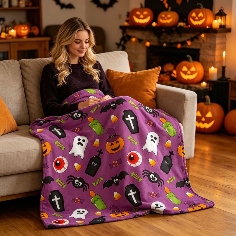 Guodhu Halloween Flannel Throw Blanket - Purple, 70x100cm Cozy Decorative Nap Blanket for Sofa Couch Bedroom Office Variation #11