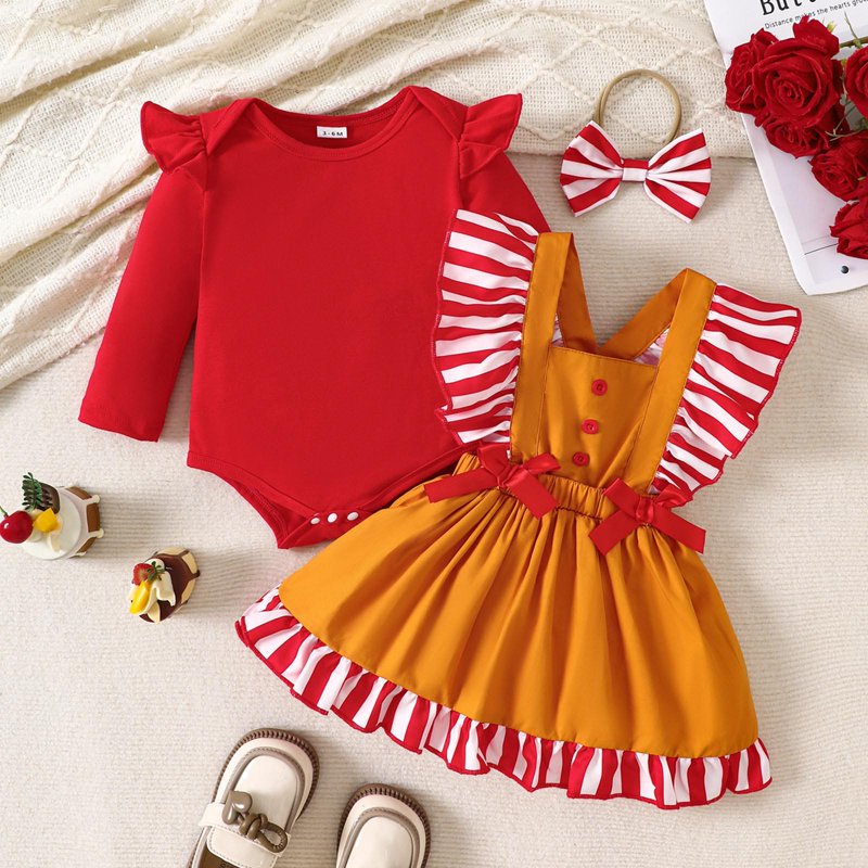Baby Girl 1st Christmas Outfit Set Red 6-12 Months - Romper & Suspender Dress