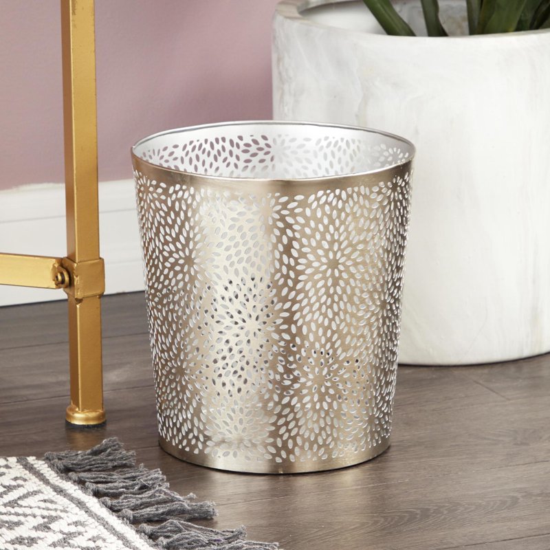 Silver Metal Floral Waste Bin - Laser Carved Design, 9" x 10" - Abstract Floral