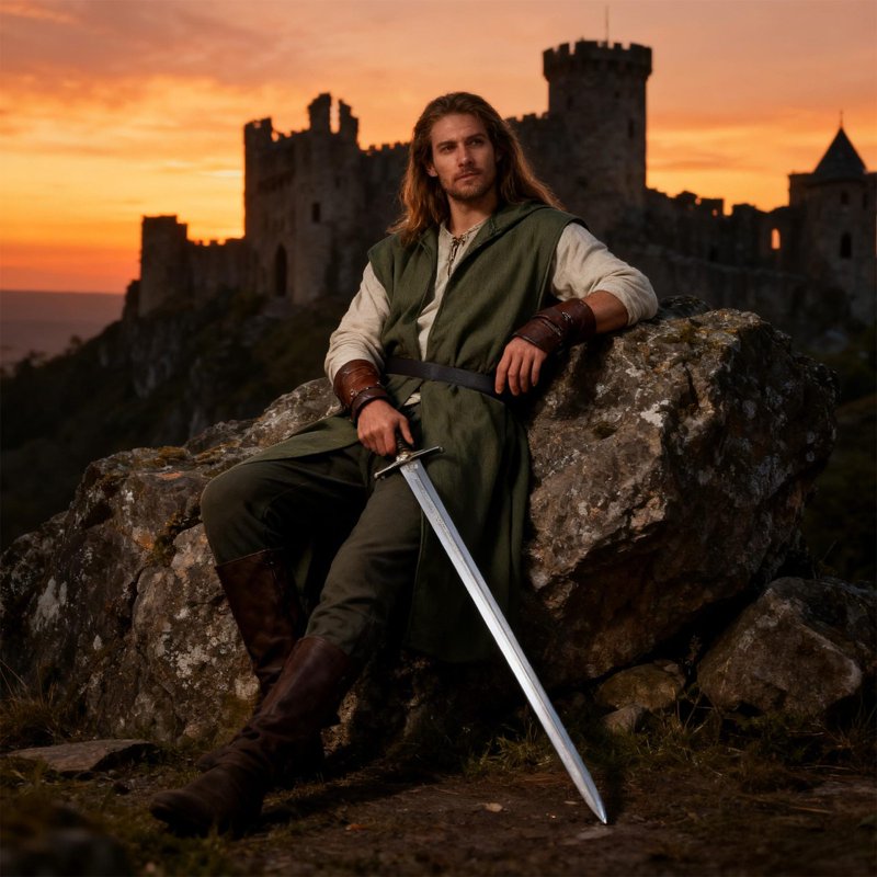 Army Green Medieval Viking Costume Set for Men - Hooded Sleeveless Robe with Belt, Size L
