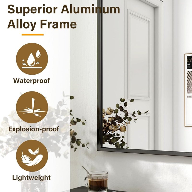 Bathroom Wall Mirror 36x24 Black Rectangular Vanity Mirror with Metal Frame - AUROMIR