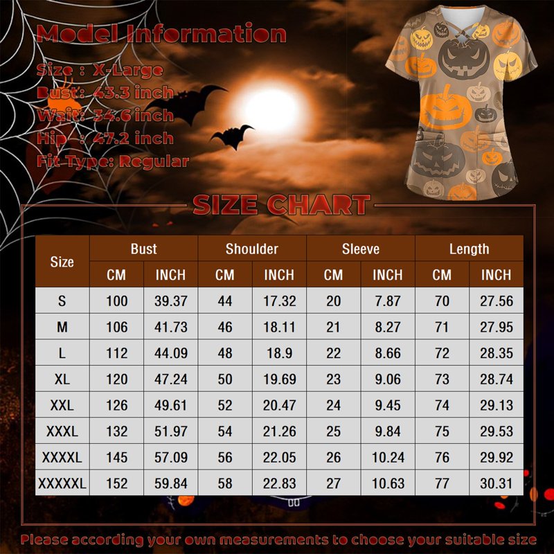 Plus Size Halloween Pumpkin-Headed Bat Printed Scrub Top with Pockets - Purple XXL