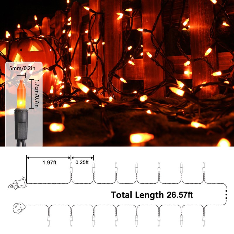 Orange Halloween String Lights 25ft 100 Incandescent Connectable Indoor Outdoor Decor