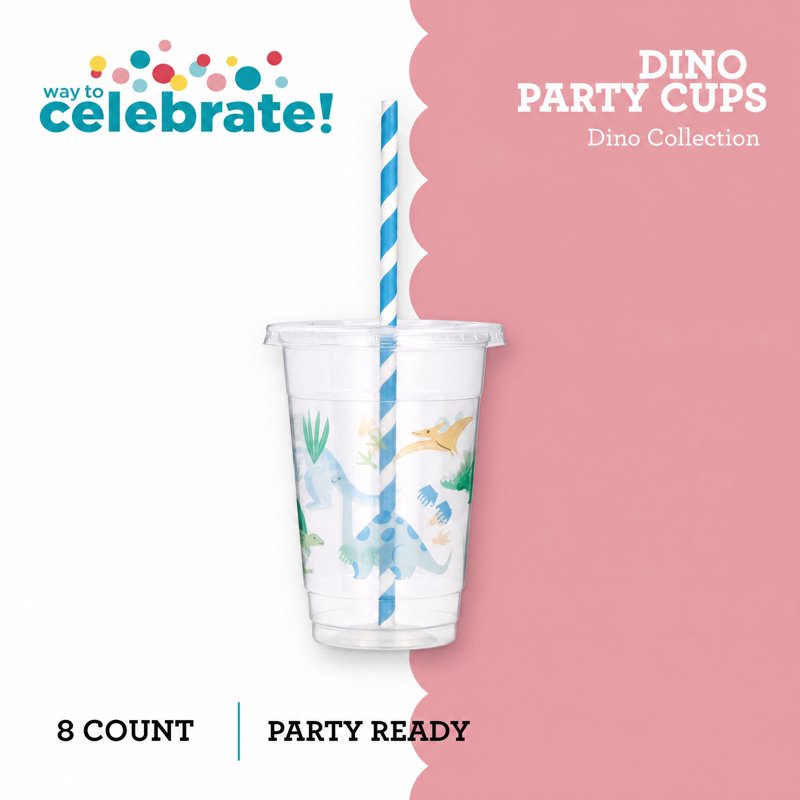 Dinosaur Disposable Plastic Cups with Lids & Straws - 8 Count