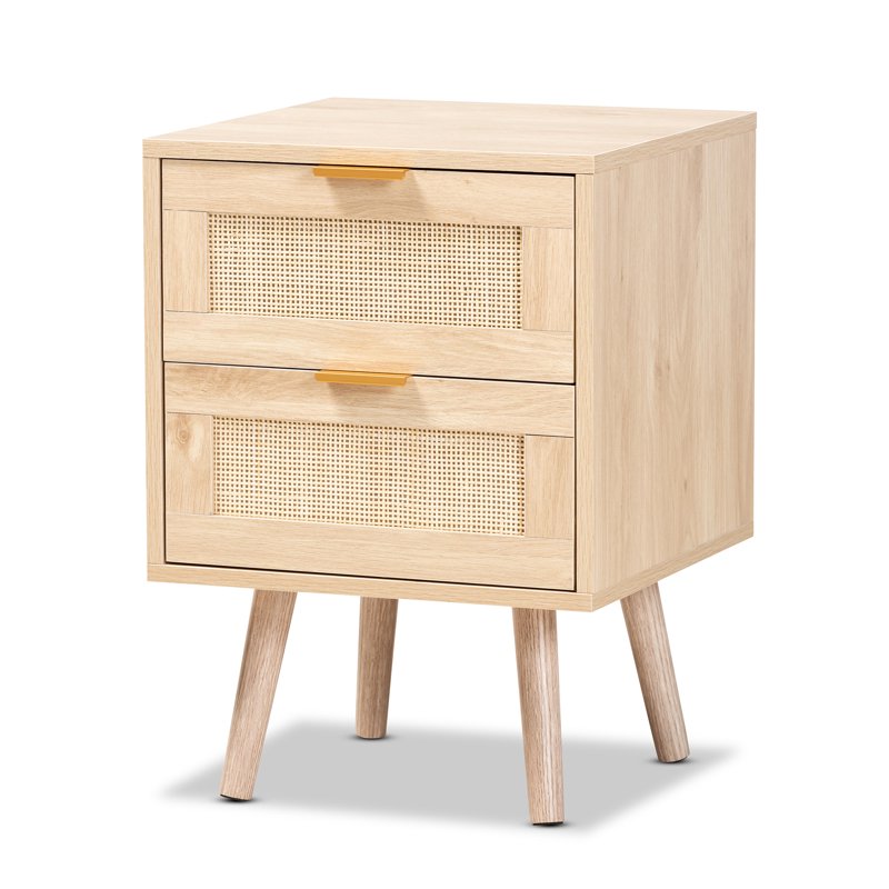 Mid-Century Modern Light Oak Brown End Table with Rattan Drawers