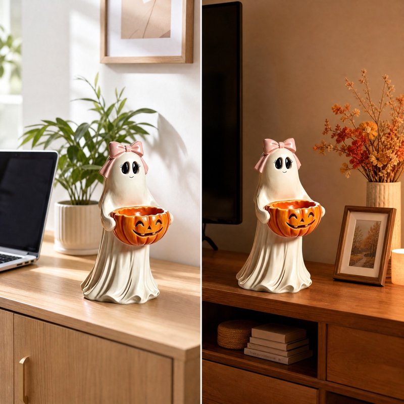 Cute Ghost Pumpkin Candy Bowl - Halloween Figurine & Treat Jar #022