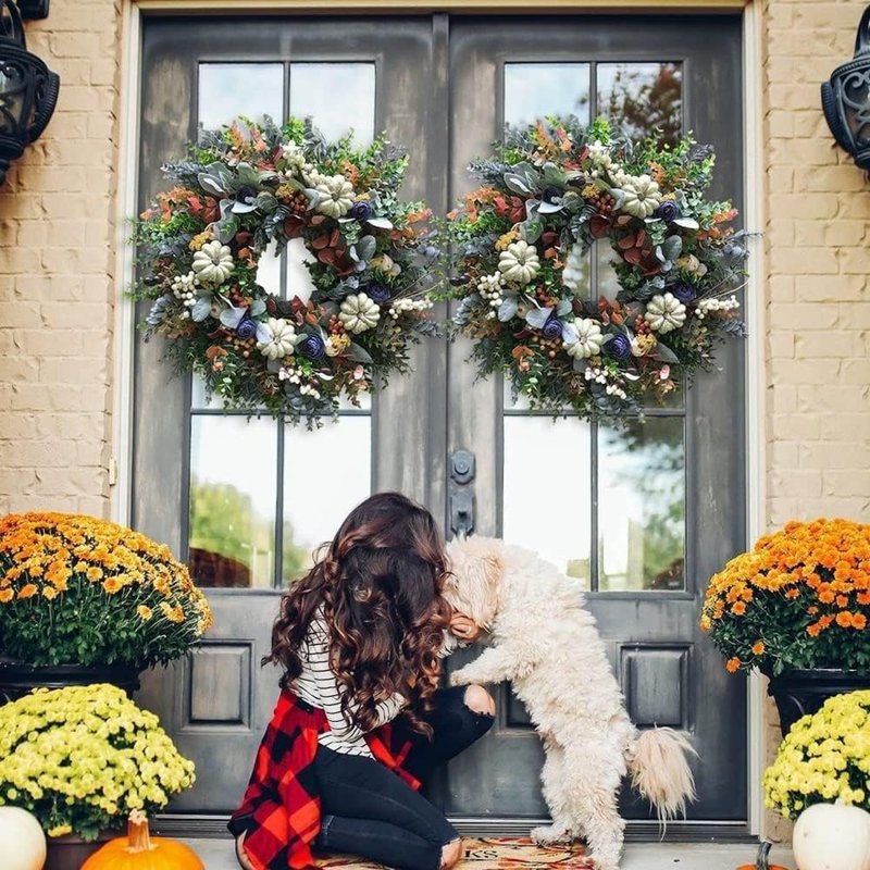 KOMI White Pumpkins Ranunculus Wreath for Front Door - Handmade Fall Decor - Variation B