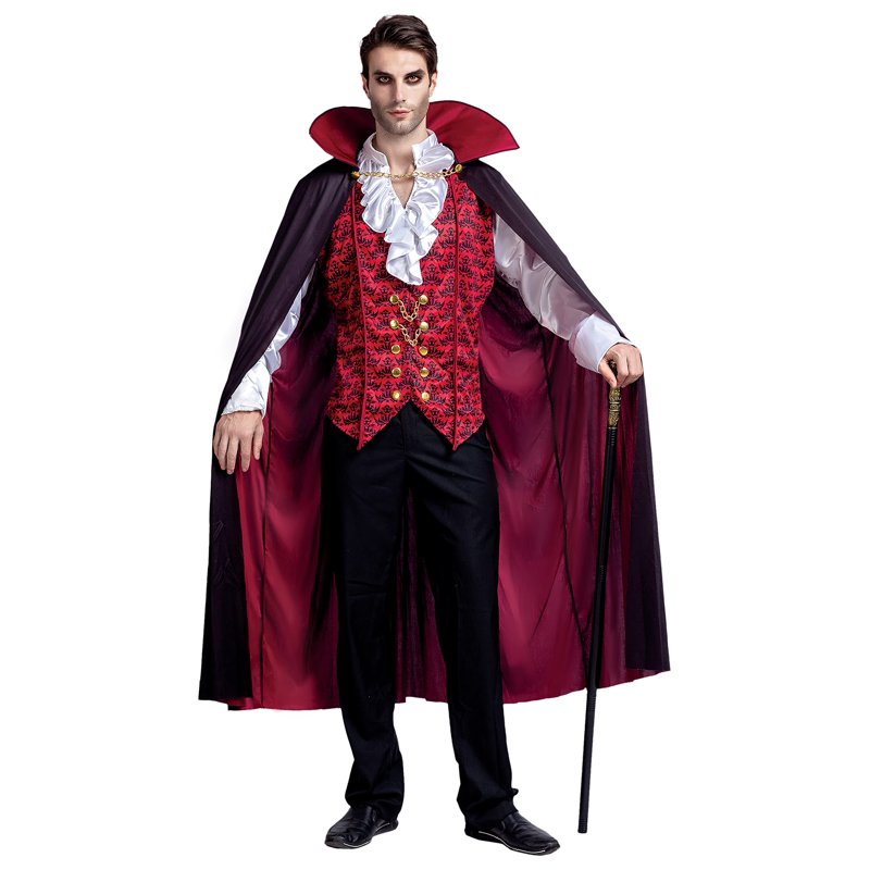 Adult Vampire Costume Set with Cape and Vest - Red, Large Halloween Fancy Dress