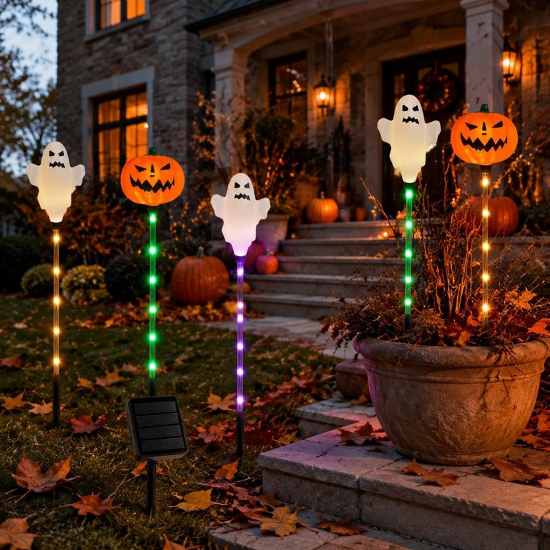 Halloween Solar Stake Lights Ghost Pumpkin Set Waterproof Multi-Color Glow - White & Orange