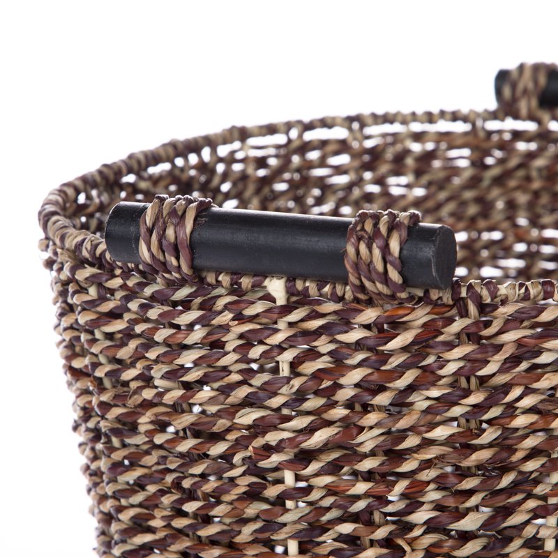 Single Oval Seagrass Storage Basket with Wooden Handles - Brown, 8.31x10x14.31 in