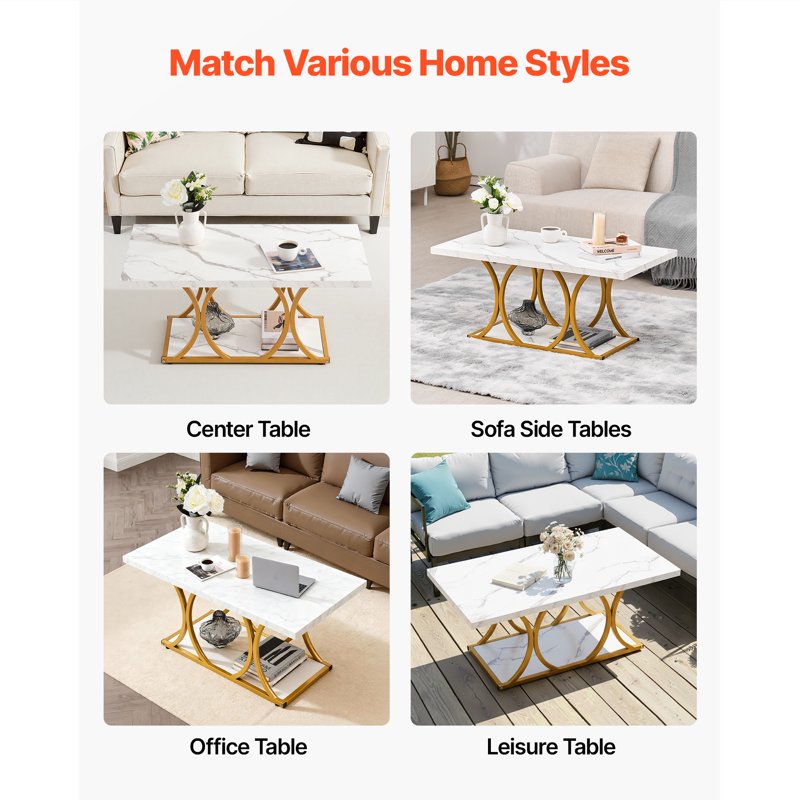 Modern Faux Marble Coffee Table with Geometric Metal Legs
