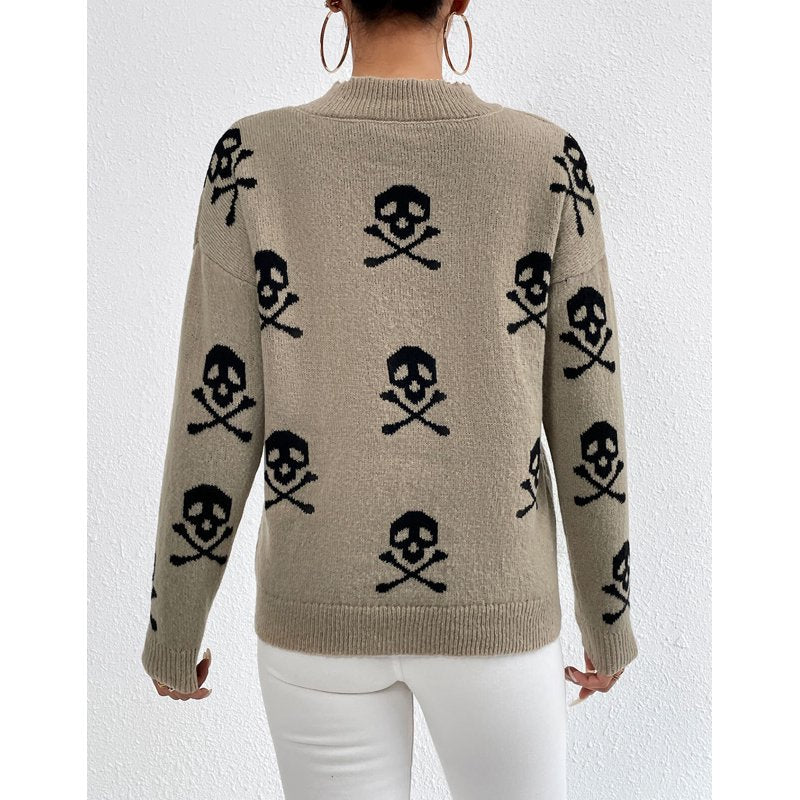 Women’s Fall Skeleton Pullover Sweater Beige M Casual Crewneck Knit Top