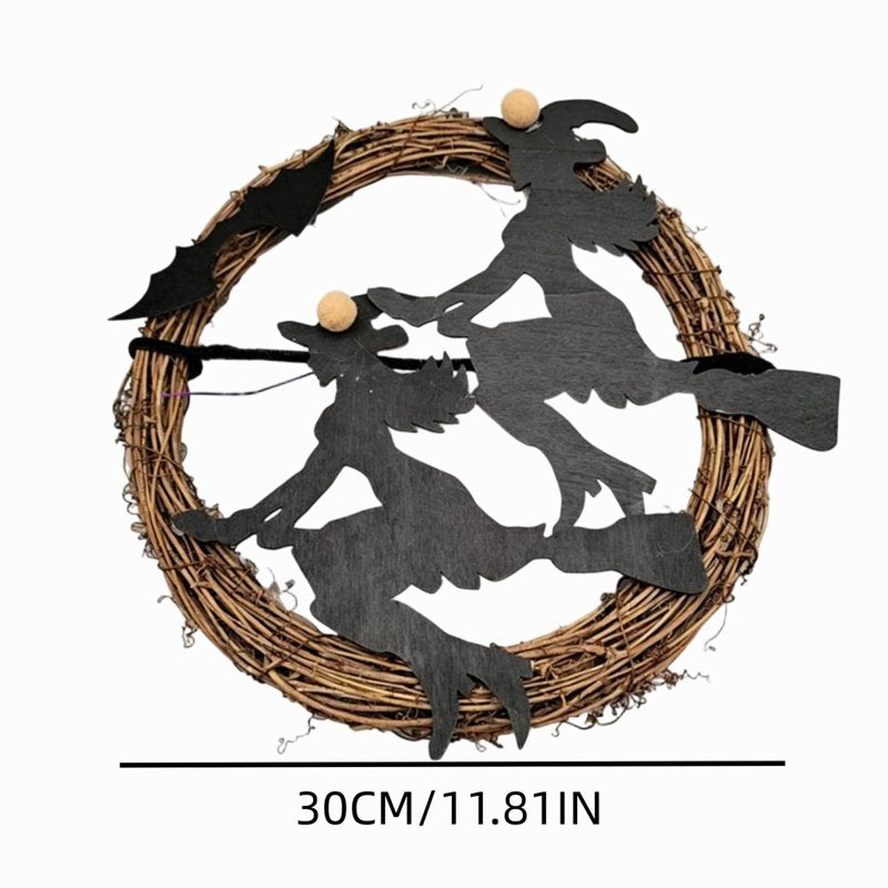 Halloween Wreath with Purple LED Witch & Bats - Gothic Front Door Decor - Variation of Witch & Wand