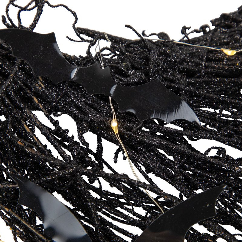 Halloween Lighted Wreath with Bats and LED Lights - 22 Inch Black Decor