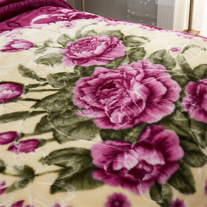 Heavy 10lbs Reversible King Size Plush Blanket - Warm Microfiber Bed Cover - Purple Flower AB Variation