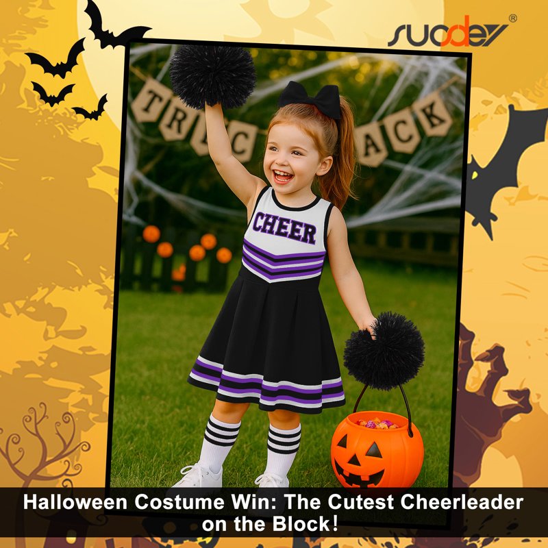 Girls Cheerleader Costume Outfit Set Black 9-10 Years - Party & Halloween