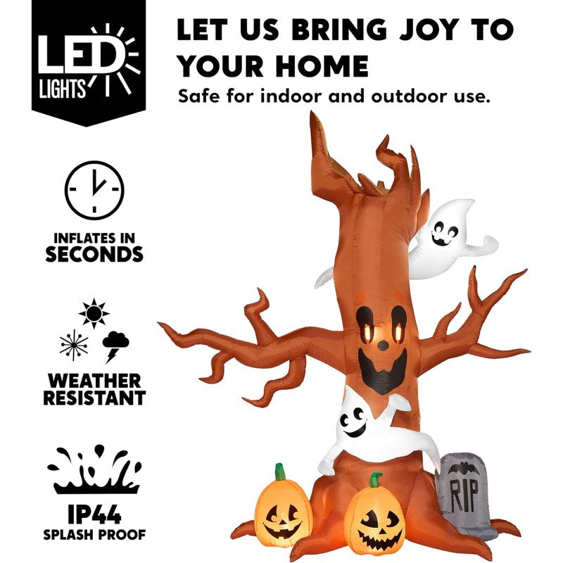 8 FT Halloween Inflatable Spooky Tree with Ghost, Pumpkin & Tombstone - Outdoor Yard Decor with LED Lights