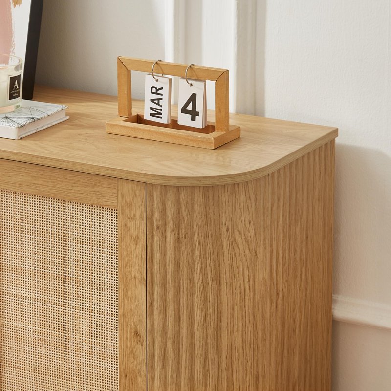 Media Console TV Stand for 64 Inch TV - Natural Oak with Rattan Doors