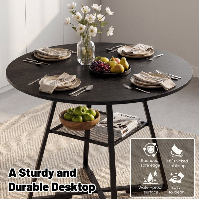 42-Inch Round Dining Table for 4-6 - Farmhouse Style, Black