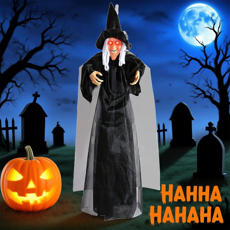 Life Size Hanging Witch Halloween Decor D - Sound & Touch Activated Animated Prop, Indoor & Outdoor Spooky Decorations