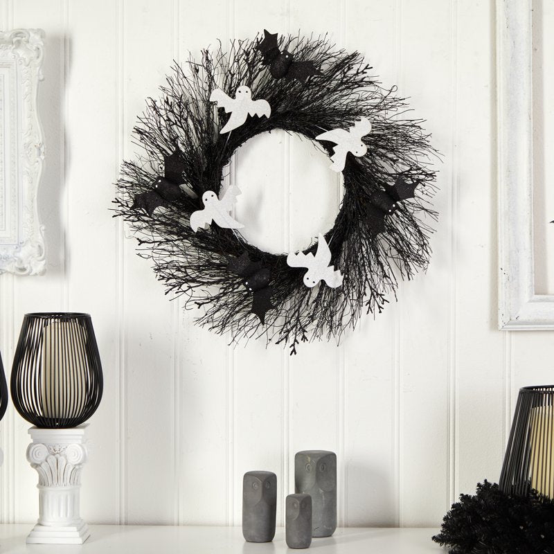 Halloween Ghost and Bats Wreath - 22 Inch Artificial Fall Decor