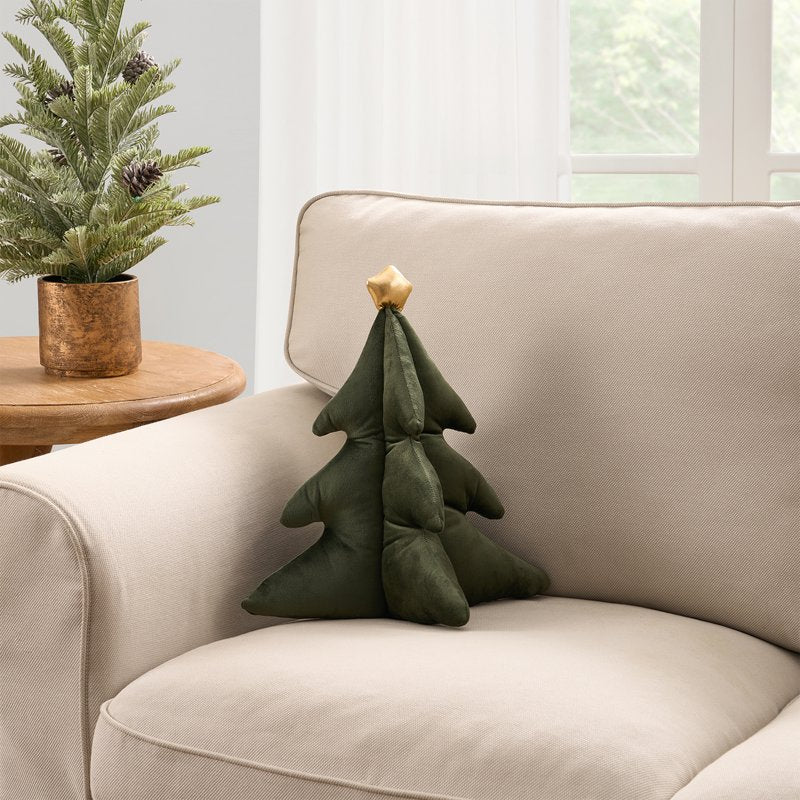 Green Christmas Tree Shaped Decorative Pillow - 14x14 Inch Velvet Accent