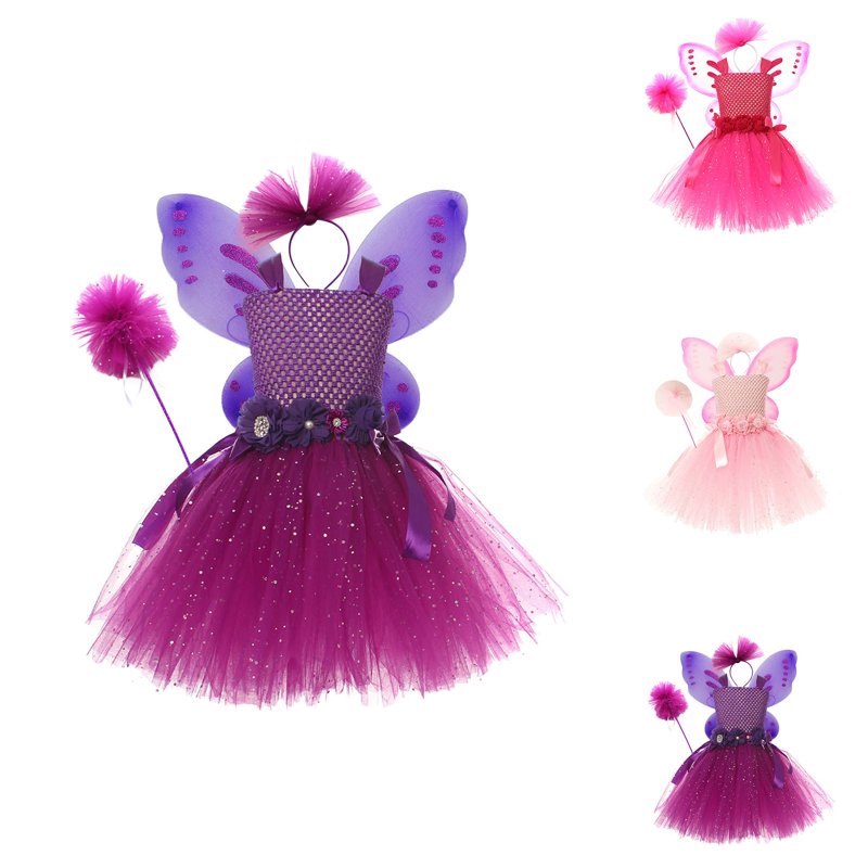 Kids Girls Halloween Fairy Dress Set with Headband and Wings