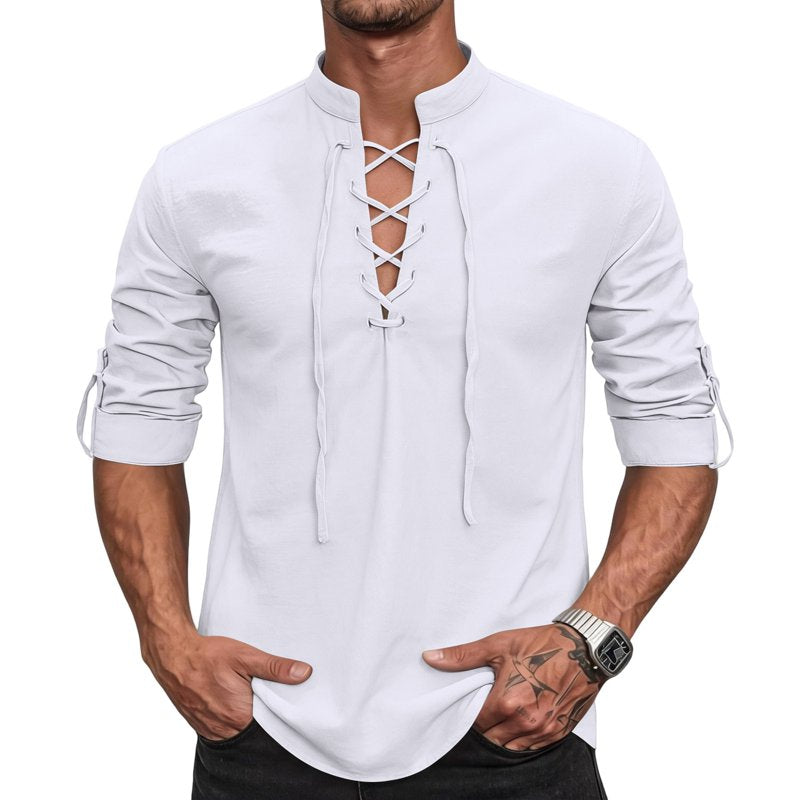 Mens Renaissance Pirate Viking Costume Shirt White S - Long Sleeve Lace Up Top