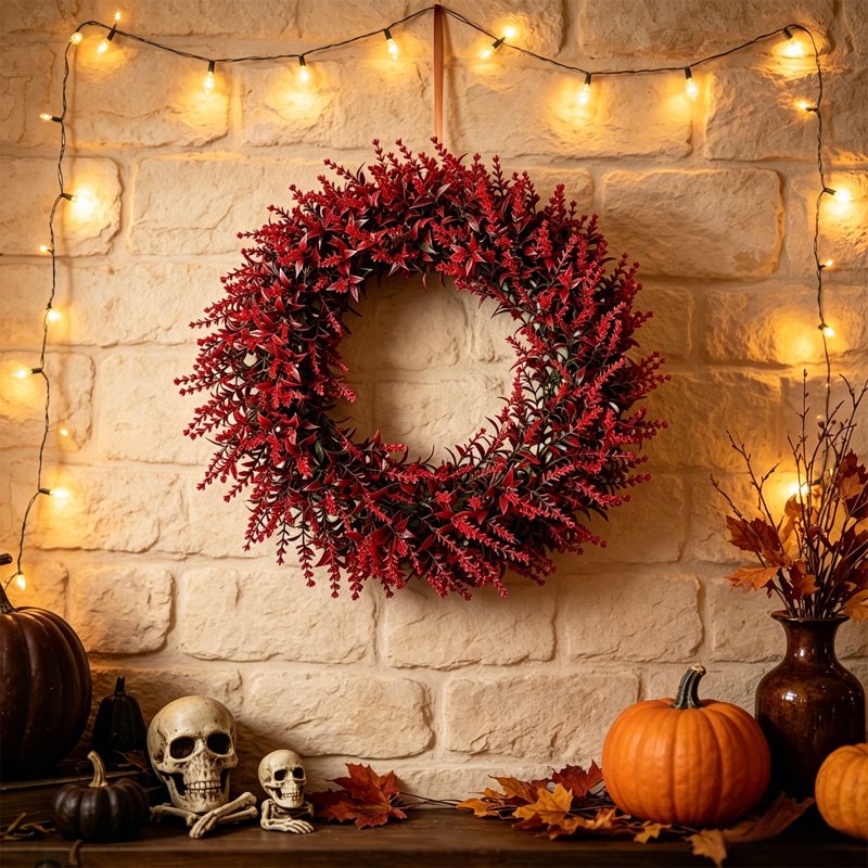 Artificial Fall Wreath 18 Inch with Berries and Leaves for Front Door Porch Decor