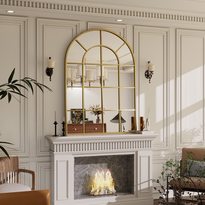 24x36 Arched Windowpane Bathroom Wall Mirror - Gold