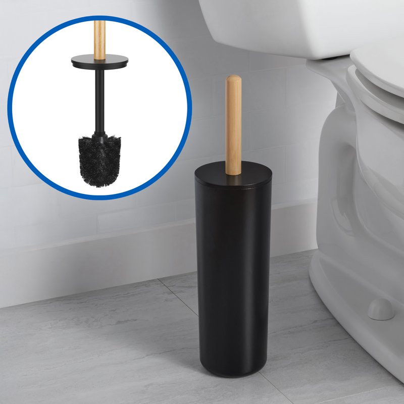 Mainstays Toilet Bowl Brush & Holder Set - Black with Natural Bamboo Handle - Compact Bathroom Accessory