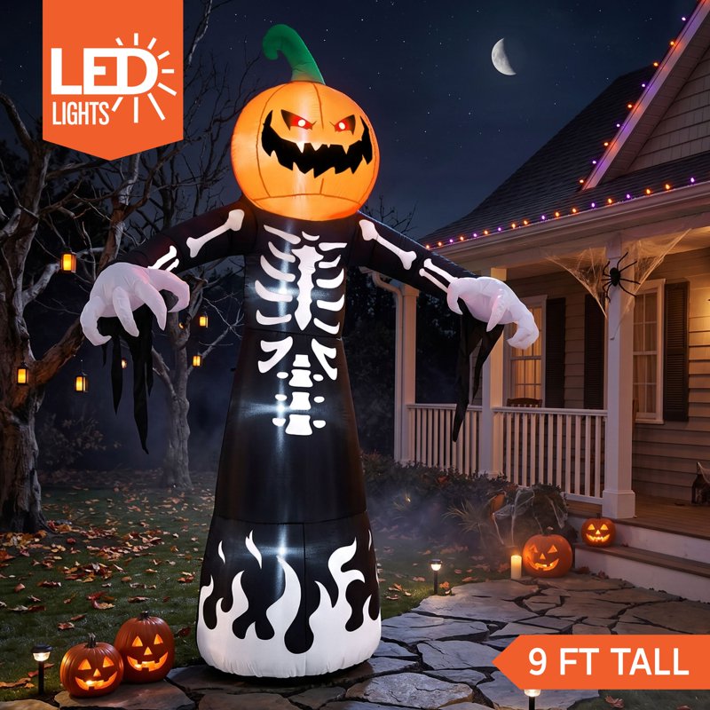 Halloween Inflatable Pumpkin Skeleton Decoration with LED Lights - 9 ft