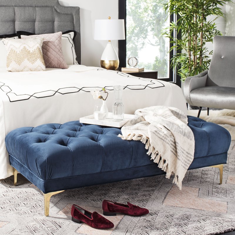 Modern Glam Tufted Bench with Navy Velvet Upholstery - Brass Legs