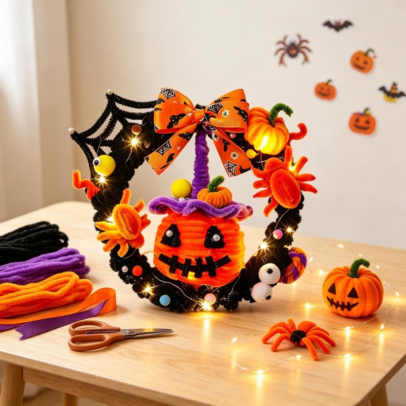 Halloween Wreath with Orange LED Pumpkin and Ghost - Variation of Pumpkin and Bow