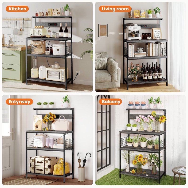 Baker’s Rack with Power Outlet - 4-Tier Kitchen Organizer, 23.6" x 15.7", Gray