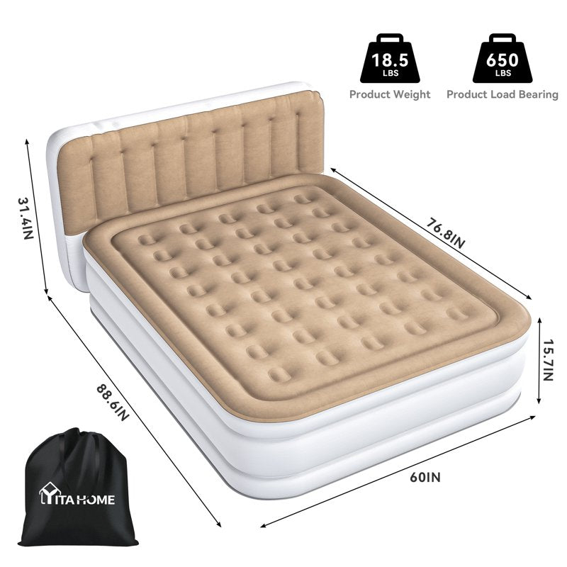 Queen Size Inflatable Air Mattress with Pump & Headboard - Brown Vertical Grain Variation