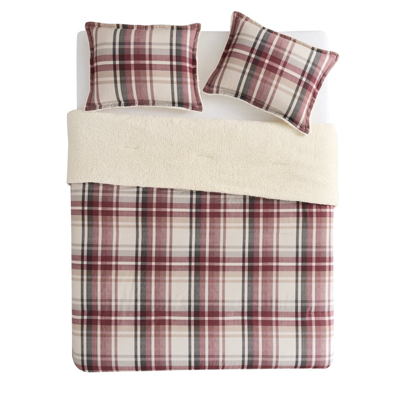 King Red Plaid Comforter Set with Sherpa - 3-Piece Bed Bedding