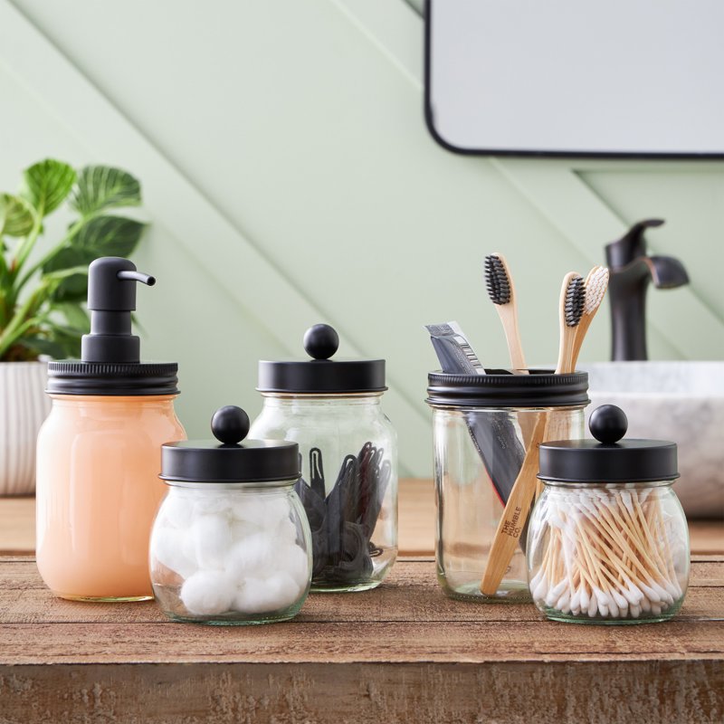 Black Mason Jar Bathroom Accessories Set - 5-Piece Home Decor