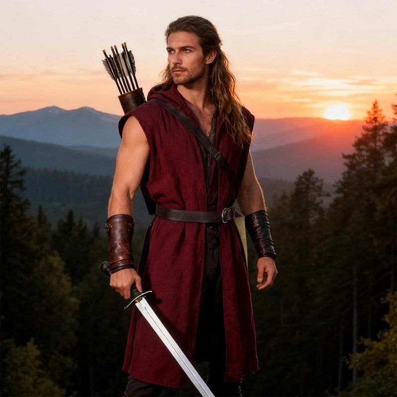 Men's Medieval Viking Cosplay Costume Set with Hooded Robe & Belt - Wine M Variation