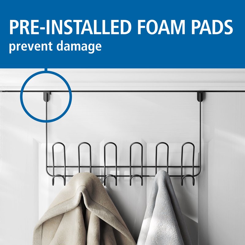 Mainstays Over-the-Door Hanging Hooks - 6 Black Hooks for Towels, Robes & Bags - No Drilling