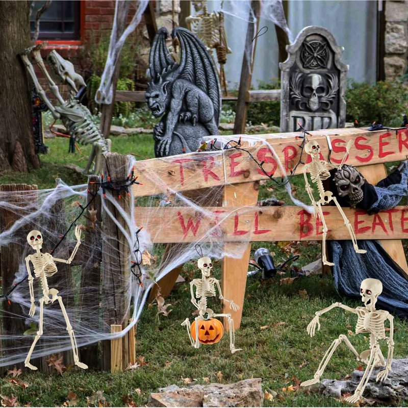 Posable Plastic Skeleton Decorations - 4 Pack, 16 Inch Halloween Props for Haunted Houses & Yard Decor