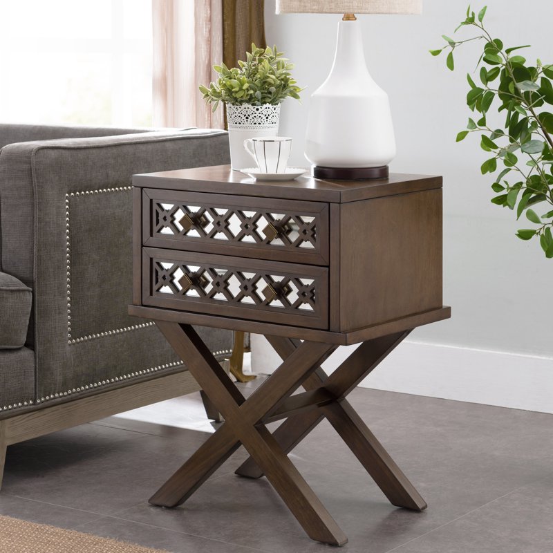Leick Home Walnut Two Drawer Mirrored Diamond Filigree X Base Nightstand