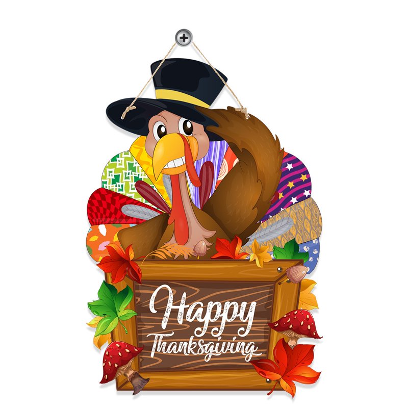 Thanksgiving Wooden Door Wreath - Turkey Pumpkin Autumn Fall Decor - Variation C